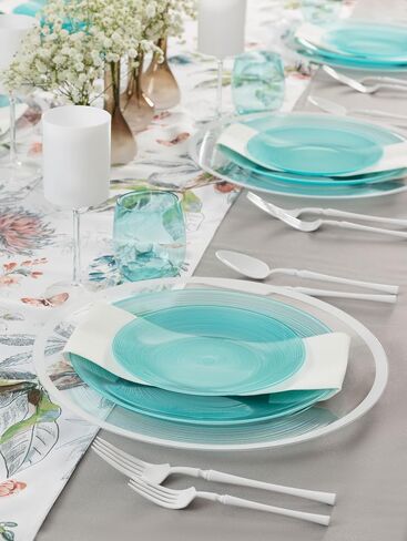 PLASTICPRO 32 Pieces Crystal Design Plastic Plates Combo Pack 7 inch and 10 inch Gold Rim Elegant Disposable Plates, Transparent Blue in Saudi Arabia
