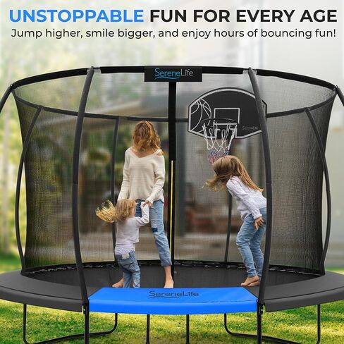 SereneLife 8FT 10FT 12FT 14FT Outdoor Trampoline for Kids - Recreational Backyard Trampoline with Curved Safety Poles and Net Enclosure- ASTM Approval for Kids Adults in Saudi Arabia