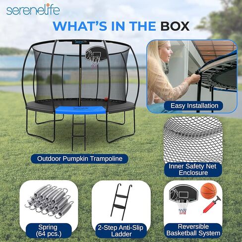 SereneLife 8FT 10FT 12FT 14FT Outdoor Trampoline for Kids - Recreational Backyard Trampoline with Curved Safety Poles and Net Enclosure- ASTM Approval for Kids Adults in Saudi Arabia