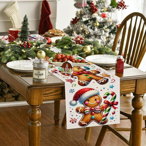 Generic Gingerbread Man Merry Christmas Table Runner, Red and Green, Victorian, Antique Pattern, Polyester, 13x72 Inch in Saudi Arabia