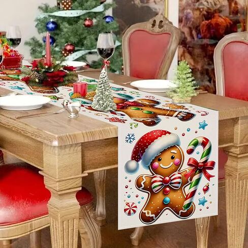 Generic Gingerbread Man Merry Christmas Table Runner, Red and Green, Victorian, Antique Pattern, Polyester, 13x72 Inch in Saudi Arabia