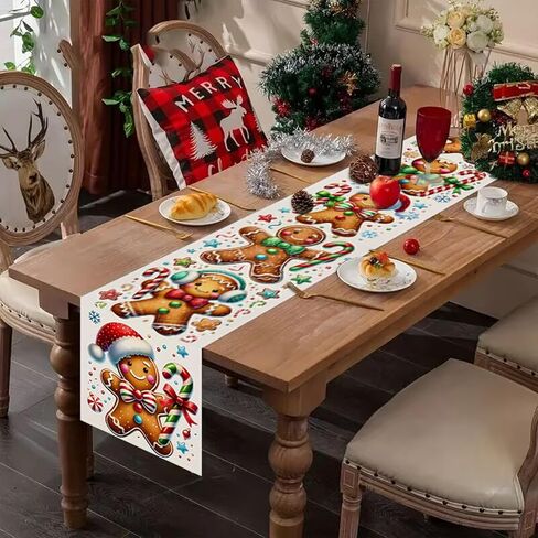 Generic Gingerbread Man Merry Christmas Table Runner, Red and Green, Victorian, Antique Pattern, Polyester, 13x72 Inch in Saudi Arabia