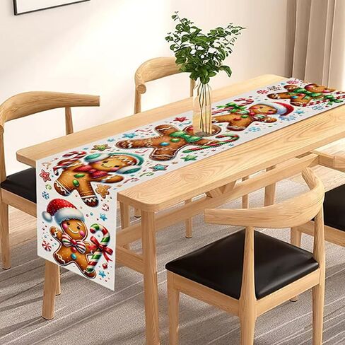 Generic Gingerbread Man Merry Christmas Table Runner, Red and Green, Victorian, Antique Pattern, Polyester, 13x72 Inch in Saudi Arabia