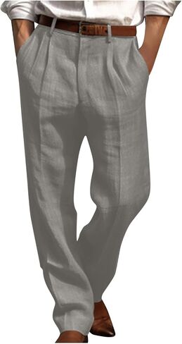 Mens Linen Dress Pants Relaxed Fit Straight Leg Casual Pleated Slacks Fall Summer Lightweight Cotton Beach Slacks in Saudi Arabia