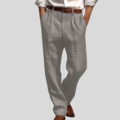 Mens Linen Dress Pants Relaxed Fit Straight Leg Casual Pleated Slacks Fall Summer Lightweight Cotton Beach Slacks in Saudi Arabia