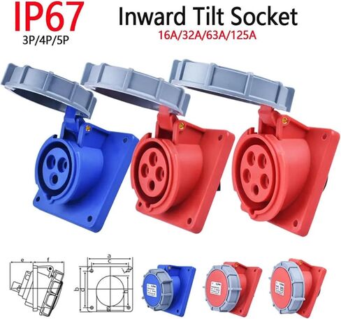 IP67 Waterproof and Explosion-Proof Industrial Plug and Socket 16A 32A 63A 125A Inward tilt Socket Panel Installation 220V 380V 415V(63A 3P) in Saudi Arabia