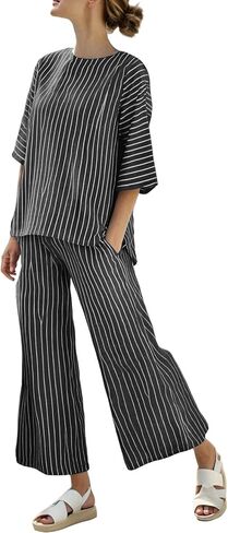 Striped 2 Piece Sets for Women Travel Vacation Outfits Casual 3/4 Sleeve Crew Neck Tops Wide Leg Pants Lounge Sets in Kuwait