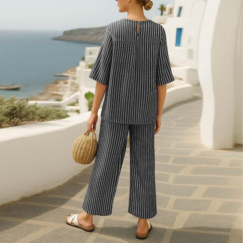 Striped 2 Piece Sets for Women Travel Vacation Outfits Casual 3/4 Sleeve Crew Neck Tops Wide Leg Pants Lounge Sets in Kuwait