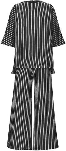 Striped 2 Piece Sets for Women Travel Vacation Outfits Casual 3/4 Sleeve Crew Neck Tops Wide Leg Pants Lounge Sets in Kuwait