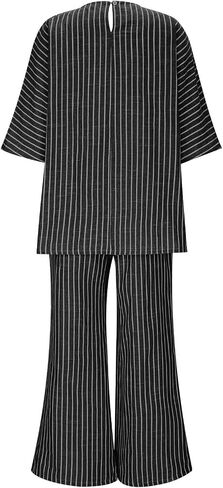 Striped 2 Piece Sets for Women Travel Vacation Outfits Casual 3/4 Sleeve Crew Neck Tops Wide Leg Pants Lounge Sets in Kuwait