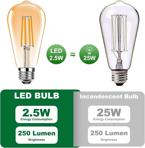 مصابيح LED LED LED Vintage Edison Light ، E26 LED LED 25W مكافئ ، ST64 مصابيح خيوط LED عتيقة ، 2.5 واط أبيض دافئ 2500 كيلو ، 250 لتر ، زجاج العنبر ، غير قابلة للتشويش ، 3 عبوة in Kuwait