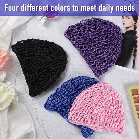 Geyoga 6 Pieces Mesh Crochet Hair Net Rayon Knit Snood Hat Thick Short Women Hairnet Snoods Cover Ornament for Sleeping (Black) in Kuwait