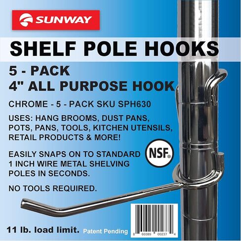 السنانير عمود الرف | 5 عبوات 4 "خطافات متعددة الأغراض | Chrome | Snap-On Heavy-Duty لـ 1" مترو أو سلك أو رفوف معدنية | مثالي للمرآب والمطبخ والمستودعات تخزين in Kuwait