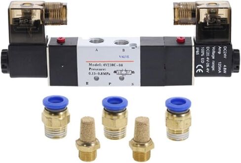 4V230-08C 5 Way 3 Position 1/4" Pneumatic Solenoid Valve DC12V DC24V AC110V AC220V w Fittings Connector 4 6 8 10 12mm(8mm connector,220 Volt) in Saudi Arabia