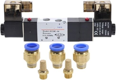 4V230-08C 5 Way 3 Position 1/4" Pneumatic Solenoid Valve DC12V DC24V AC110V AC220V w Fittings Connector 4 6 8 10 12mm(8mm connector,220 Volt) in Saudi Arabia