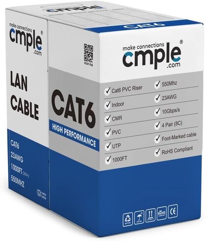CMPLE - CAT6 CABLE 1000FT BULK LAN Ethernet Cat 6 Wire Network UTP 23AWG CMR RISER 10GBPS 550 MHz BOX 1000 FED ، Blue in Kuwait