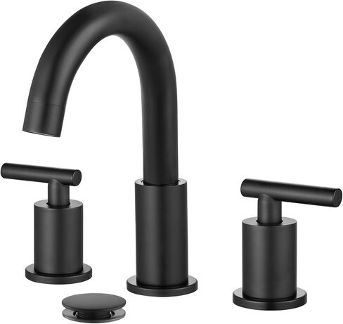 gotonovo 3 Hole 2 Handles Lavatory Basin Bathroom Sink Faucet with Pop Up Drain with Hot and Cold Mixer Valves 8 Inch Widespread Bathroom Faucet Matte Black in Saudi Arabia