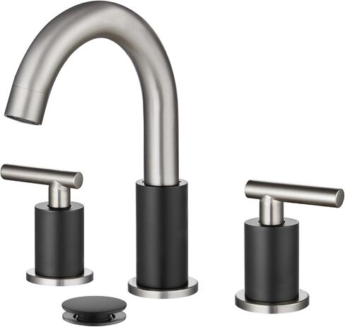 gotonovo 3 Hole 2 Handles Lavatory Basin Bathroom Sink Faucet with Pop Up Drain with Hot and Cold Mixer Valves 8 Inch Widespread Bathroom Faucet Matte Black in Saudi Arabia