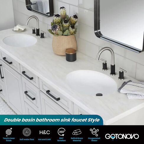 gotonovo 3 Hole 2 Handles Lavatory Basin Bathroom Sink Faucet with Pop Up Drain with Hot and Cold Mixer Valves 8 Inch Widespread Bathroom Faucet Matte Black in Saudi Arabia