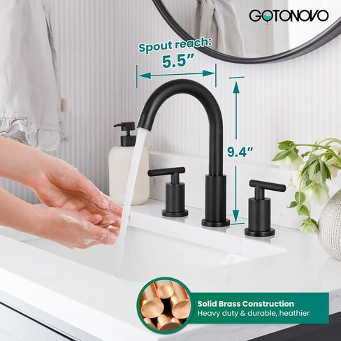gotonovo 3 Hole 2 Handles Lavatory Basin Bathroom Sink Faucet with Pop Up Drain with Hot and Cold Mixer Valves 8 Inch Widespread Bathroom Faucet Matte Black in Saudi Arabia