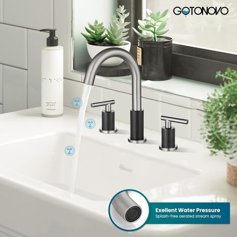 gotonovo 3 Hole 2 Handles Lavatory Basin Bathroom Sink Faucet with Pop Up Drain with Hot and Cold Mixer Valves 8 Inch Widespread Bathroom Faucet Matte Black in Saudi Arabia