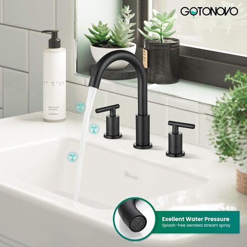 gotonovo 3 Hole 2 Handles Lavatory Basin Bathroom Sink Faucet with Pop Up Drain with Hot and Cold Mixer Valves 8 Inch Widespread Bathroom Faucet Matte Black in Saudi Arabia
