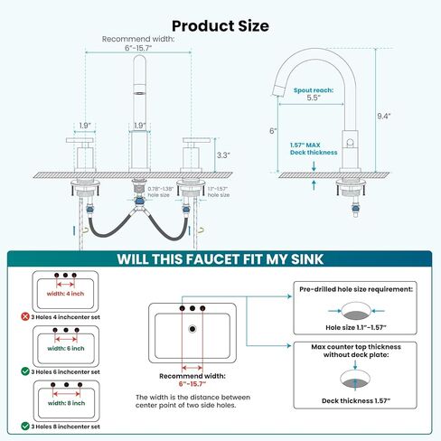 Gotonovo 3 Hole 2 مقابض الحوض الحمام الحمام الحمام صنبور مع صرف منبثقة مع صمامات الخلاط الساخنة والباردة 8 بوصة الحمام الحمام غير لامع أسود in Kuwait