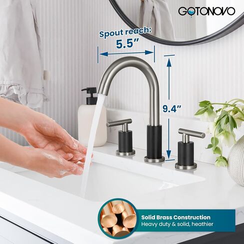gotonovo 3 Hole 2 Handles Lavatory Basin Bathroom Sink Faucet with Pop Up Drain with Hot and Cold Mixer Valves 8 Inch Widespread Bathroom Faucet Matte Black in Saudi Arabia