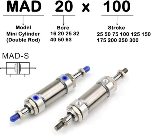 1pcs أسطوانة الهوائية المزدوجة مخرج الفولاذ المقاوم للصدأ مصغرة mad16/20/25x25/50/75/100/125/150/175/200/300 (ST 100mm ، Bore 25mm (Mad 25)) in Kuwait