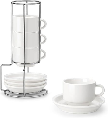 Malacasa 2.5 Oz Porcelain Espresso Cups مع Saucers ومجموعة من الحامل المعدني من 4 ، أكواب الكابتشينو القابلة للتكديس ، كوب Expresso White Expresso لمشروبات القهوة ، لاتيه ، الشاي in Kuwait