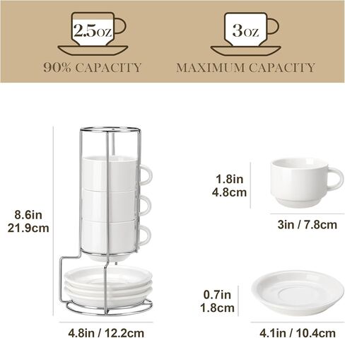 Malacasa 2.5 Oz Porcelain Espresso Cups مع Saucers ومجموعة من الحامل المعدني من 4 ، أكواب الكابتشينو القابلة للتكديس ، كوب Expresso White Expresso لمشروبات القهوة ، لاتيه ، الشاي in Kuwait