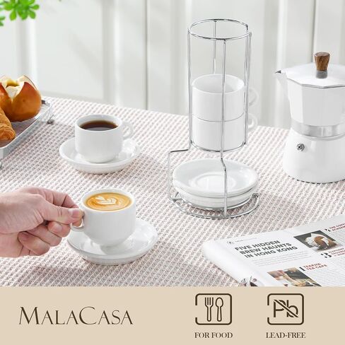 Malacasa 2.5 Oz Porcelain Espresso Cups مع Saucers ومجموعة من الحامل المعدني من 4 ، أكواب الكابتشينو القابلة للتكديس ، كوب Expresso White Expresso لمشروبات القهوة ، لاتيه ، الشاي in Kuwait
