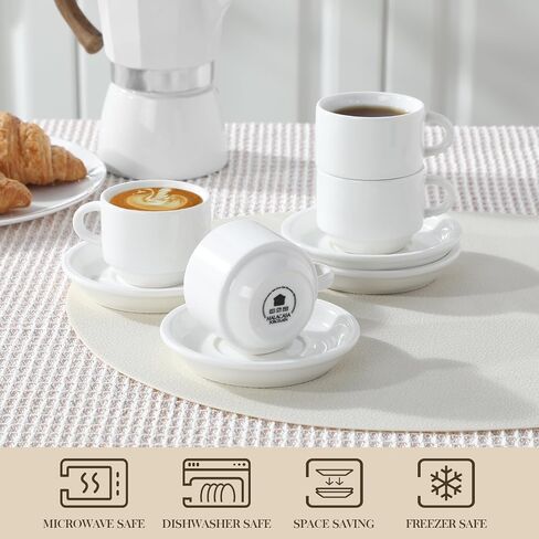 Malacasa 2.5 Oz Porcelain Espresso Cups مع Saucers ومجموعة من الحامل المعدني من 4 ، أكواب الكابتشينو القابلة للتكديس ، كوب Expresso White Expresso لمشروبات القهوة ، لاتيه ، الشاي in Kuwait