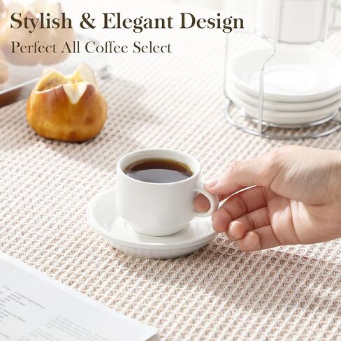 Malacasa 2.5 Oz Porcelain Espresso Cups مع Saucers ومجموعة من الحامل المعدني من 4 ، أكواب الكابتشينو القابلة للتكديس ، كوب Expresso White Expresso لمشروبات القهوة ، لاتيه ، الشاي in Kuwait