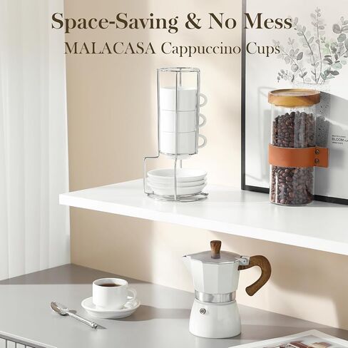 Malacasa 2.5 Oz Porcelain Espresso Cups مع Saucers ومجموعة من الحامل المعدني من 4 ، أكواب الكابتشينو القابلة للتكديس ، كوب Expresso White Expresso لمشروبات القهوة ، لاتيه ، الشاي in Kuwait