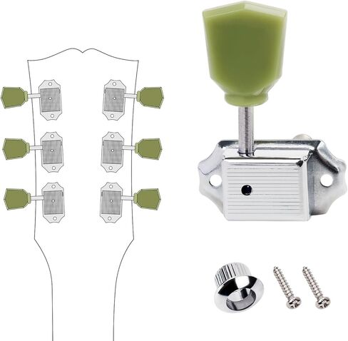 Banworks Vintage '50S Style Guitar Tuning Pegs مفاتيح 15: 1 نسبة 3L3R آلات توليف السلسلة الغيتار 8 مم (5/16 ") ثقوب PEG لـ Les Paul LP SG ES Pack من 6 JT/JXQ-06 Golden مع زر Keystone الأخضر in Kuwait