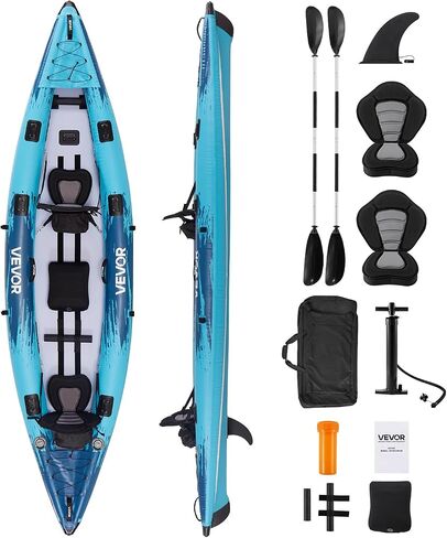 VEVOR 2-Person Inflatable Kayak, 14'4" x 3'7" – Extra Spacious for Family & Dogs, 700-lb Capacity Sit-in Kayak with Accessories, Includes 2 Paddles, Pump & Carry Bag – Perfect for Fishing and Touring in Saudi Arabia