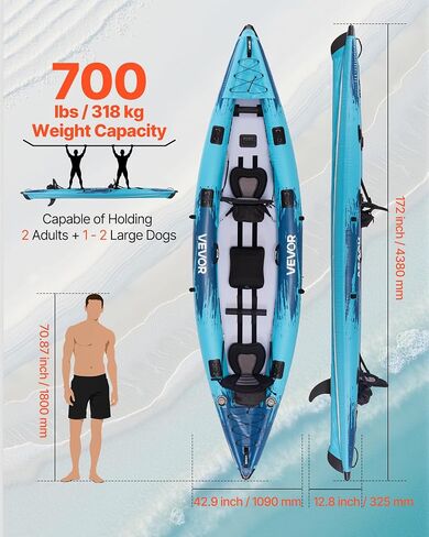 VEVOR 2-Person Inflatable Kayak, 14'4" x 3'7" – Extra Spacious for Family & Dogs, 700-lb Capacity Sit-in Kayak with Accessories, Includes 2 Paddles, Pump & Carry Bag – Perfect for Fishing and Touring in Saudi Arabia