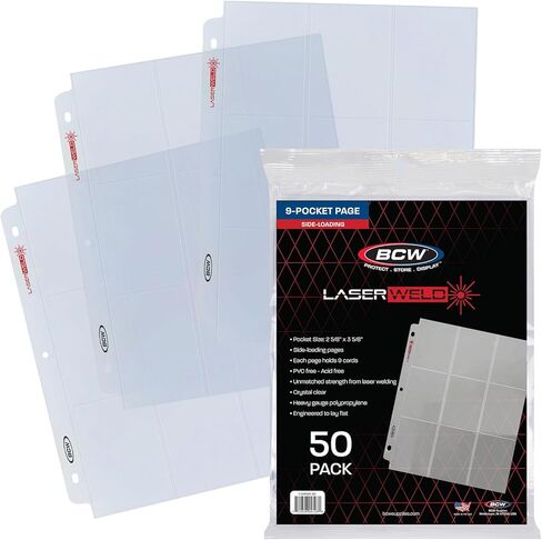 BCW LASERWELD 9 -POCKET PACE - SIDE LOAD 100CT | يحمل تسع بطاقات تداول 2½ "× 3½" | تخزين البطاقة خالية من الأحماض | طبقات ملحومة بالليزر للمتانة | متوافق مع المجلدات 3 حلقة in Kuwait