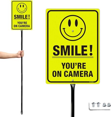 T&R Large Smile You're On Camera Signs Video Surveillance Sign with 54" Stake - 14"x10" .040 Rust Free Aluminum, Reflective, Waterproof and Fade Resistant, 2 pre-drilled holes, Includes Matching Screws & Wrench, Easy to Mount(Yellow) in Kuwait