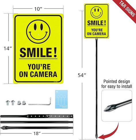 T&R Large Smile You're On Camera Signs Video Surveillance Sign with 54" Stake - 14"x10" .040 Rust Free Aluminum, Reflective, Waterproof and Fade Resistant, 2 pre-drilled holes, Includes Matching Screws & Wrench, Easy to Mount(Yellow) in Kuwait