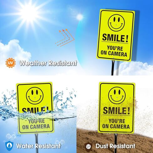 T&R Large Smile You're On Camera Signs Video Surveillance Sign with 54" Stake - 14"x10" .040 Rust Free Aluminum, Reflective, Waterproof and Fade Resistant, 2 pre-drilled holes, Includes Matching Screws & Wrench, Easy to Mount(Yellow) in Kuwait