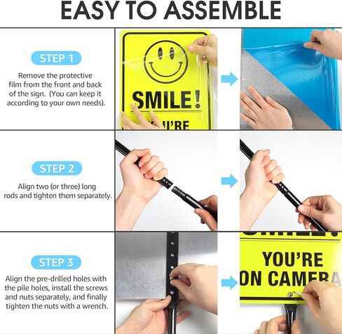 T&R Large Smile You're On Camera Signs Video Surveillance Sign with 54" Stake - 14"x10" .040 Rust Free Aluminum, Reflective, Waterproof and Fade Resistant, 2 pre-drilled holes, Includes Matching Screws & Wrench, Easy to Mount(Yellow) in Kuwait