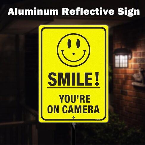 T&R Large Smile You're On Camera Signs Video Surveillance Sign with 54" Stake - 14"x10" .040 Rust Free Aluminum, Reflective, Waterproof and Fade Resistant, 2 pre-drilled holes, Includes Matching Screws & Wrench, Easy to Mount(Yellow) in Kuwait