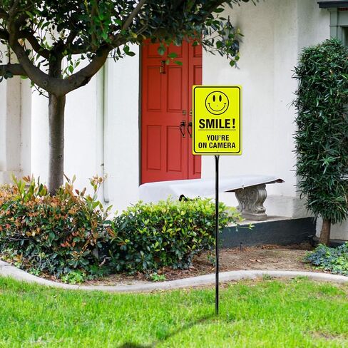 T&R Large Smile You're On Camera Signs Video Surveillance Sign with 54" Stake - 14"x10" .040 Rust Free Aluminum, Reflective, Waterproof and Fade Resistant, 2 pre-drilled holes, Includes Matching Screws & Wrench, Easy to Mount(Yellow) in Kuwait