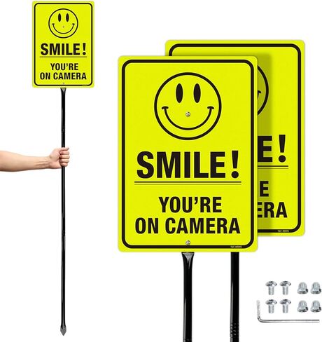 T&R Large Smile You're On Camera Signs Video Surveillance Sign with 54" Stake - 14"x10" .040 Rust Free Aluminum, Reflective, Waterproof and Fade Resistant, 2 pre-drilled holes, Includes Matching Screws & Wrench, Easy to Mount(Yellow) in Kuwait