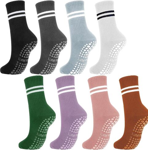 8 Pair Cute Pilates Sock With Grip Outfits For Women - Yoga Sock For Women Non Slip - Pilates Accessories - US Size 6-10, Regular Fit, White/Grey/Black/brown/purple/coral/Light blue/Green in Saudi Arabia