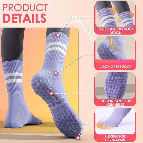 8 Pair Cute Pilates Sock With Grip Outfits For Women - Yoga Sock For Women Non Slip - Pilates Accessories - US Size 6-10, Regular Fit, White/Grey/Black/brown/purple/coral/Light blue/Green in Saudi Arabia