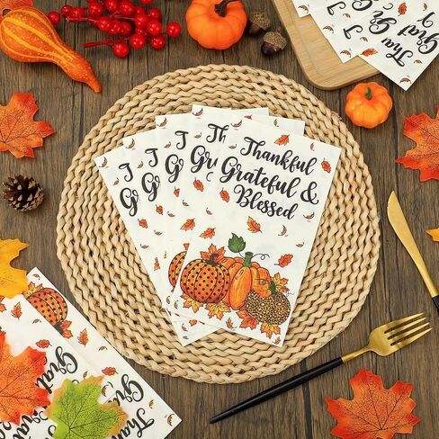100PCS Fall Guest Napkin Thanksgiving Pumpkin Disposable Paper Napkins 3-Ply Pumpkin Maple Leaf Thankful Hand Paper Towels for Thanksgiving Harvest Autumn Home Dinner Kitchen Holiday Party Supplies in Saudi Arabia