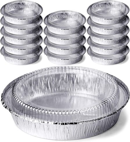 DecorRack 14 Round Aluminum Pans with Dome Lid, 9 Inch Heavy Duty Tin Foil Pans, Perfect for Reheating, Baking, Roasting, Meal Prep, To-Go Containers, Environmentally Friendly (Pack of 14) in Kuwait